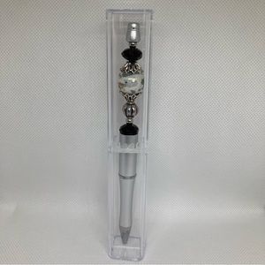 Hand Beaded Pen w/Display Box Ceramic,Glass Beads Silver Black 
Black ink